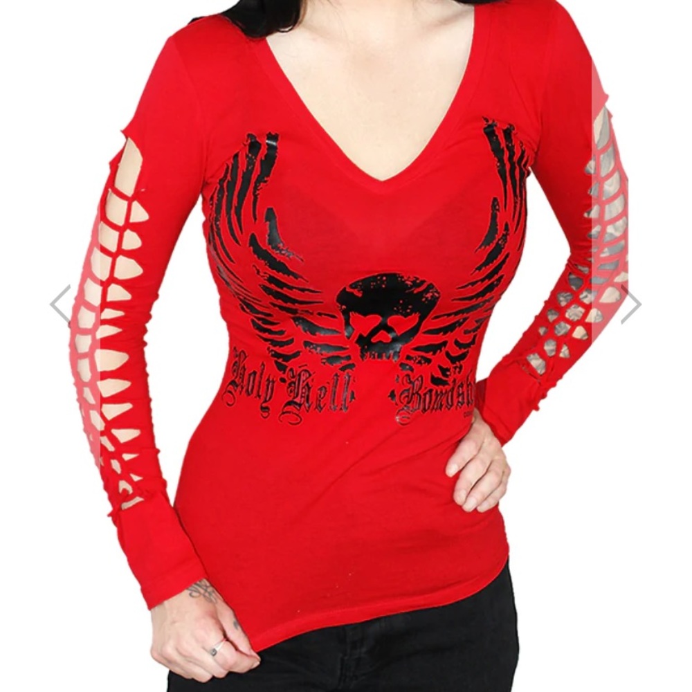 NWT Demi Loon Holy Hell Bombshell Slashed Cut Up Long Sleeve white/red